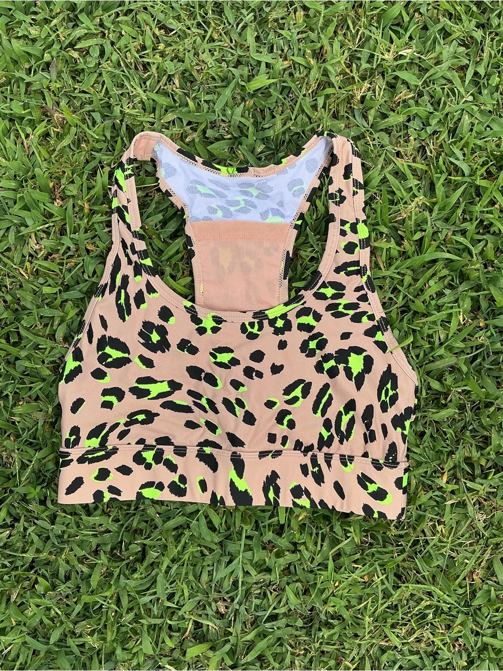 Fabletics Neon Leopard Racerback Sports Bra - Beige, Neon Green, Black